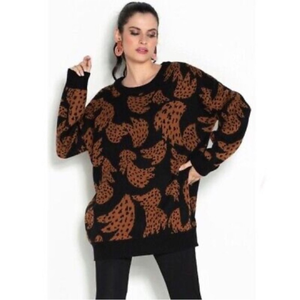 FARM Rio Women’s Black Brown Bananica Intarsia Crewneck Oversized Sweater XS - Picture 8 of 16